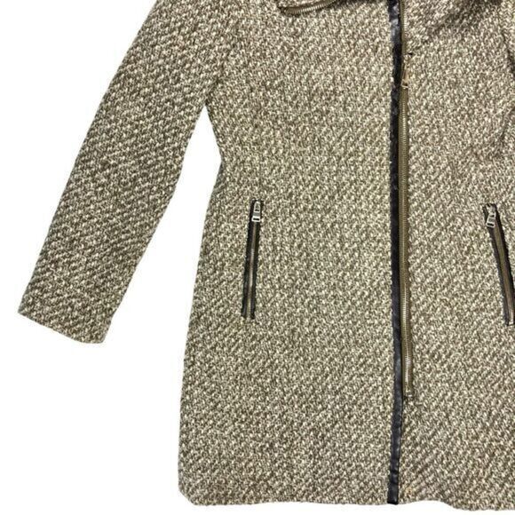 Calvin Klein Tweed Wool Pea Coat Brown Faux Leather Trim Classic Dressy Business - Picture 2 of 15